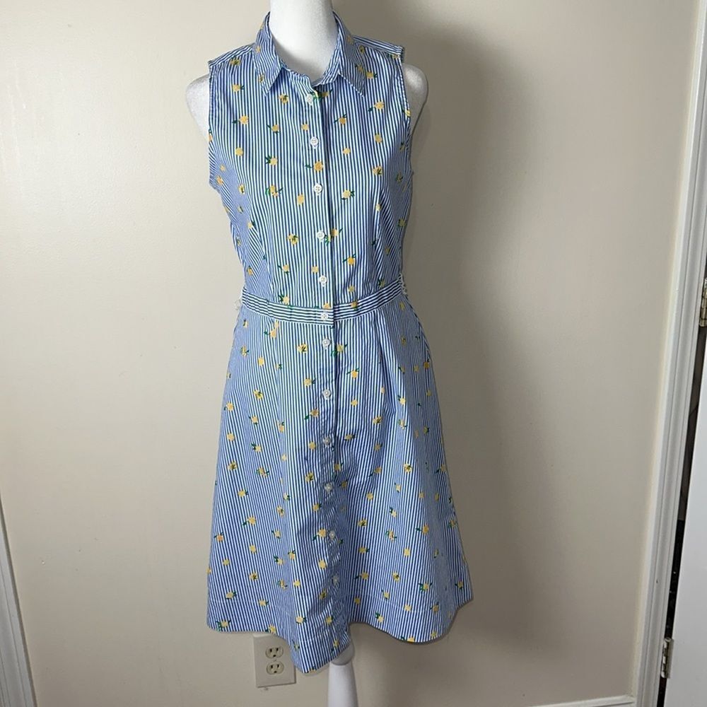 J.Crew 4 White Light Blue Stripes Yellow Lemon Print Sleeveless Shirt Dress
